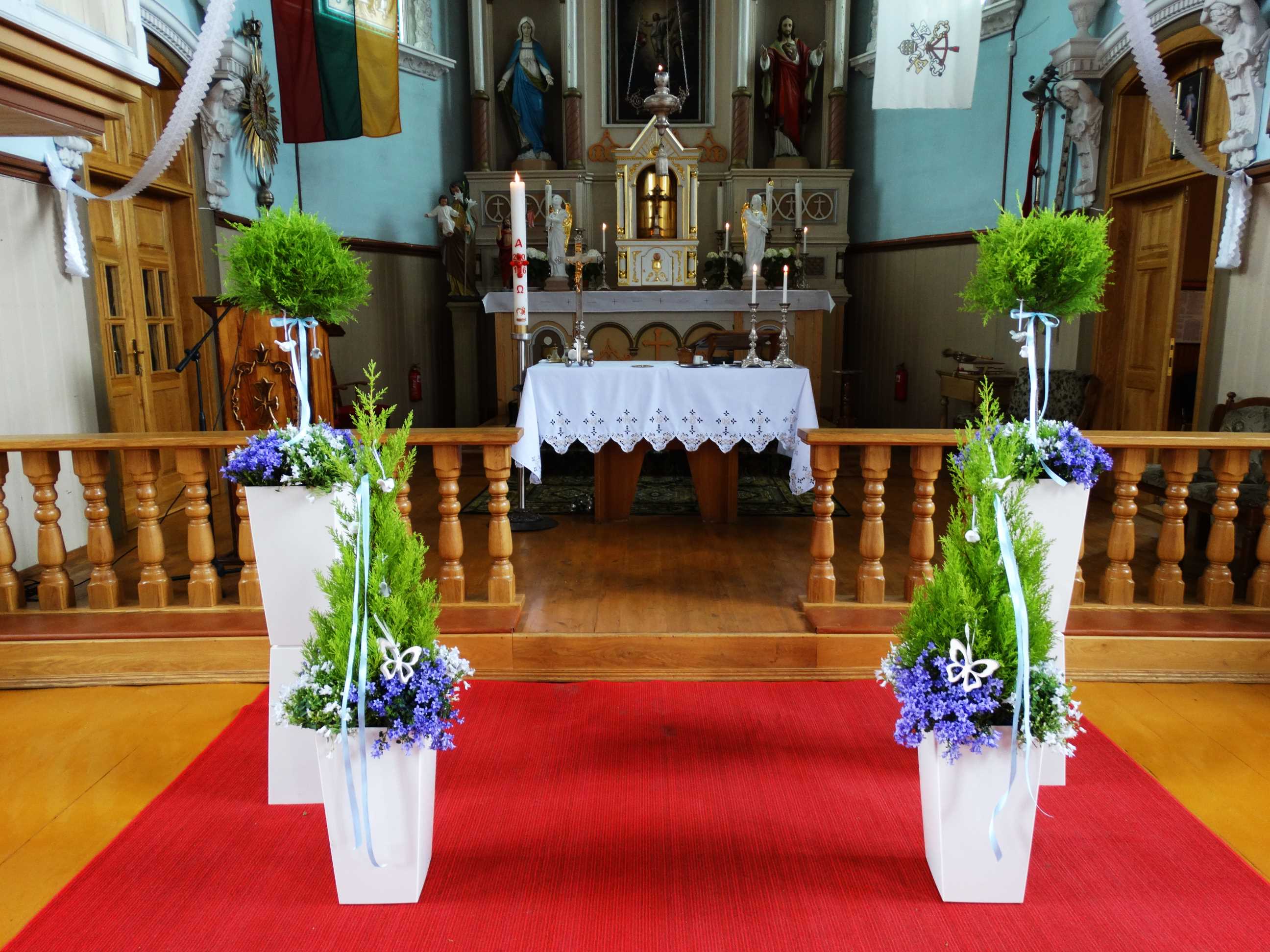 Bažnyčios altoriaus dekoravimas vazoninėmis gėlėmis.